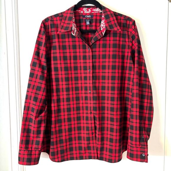 Chaps XL red & black check no iron cotton contrast print detail button front shi - Picture 1 of 7